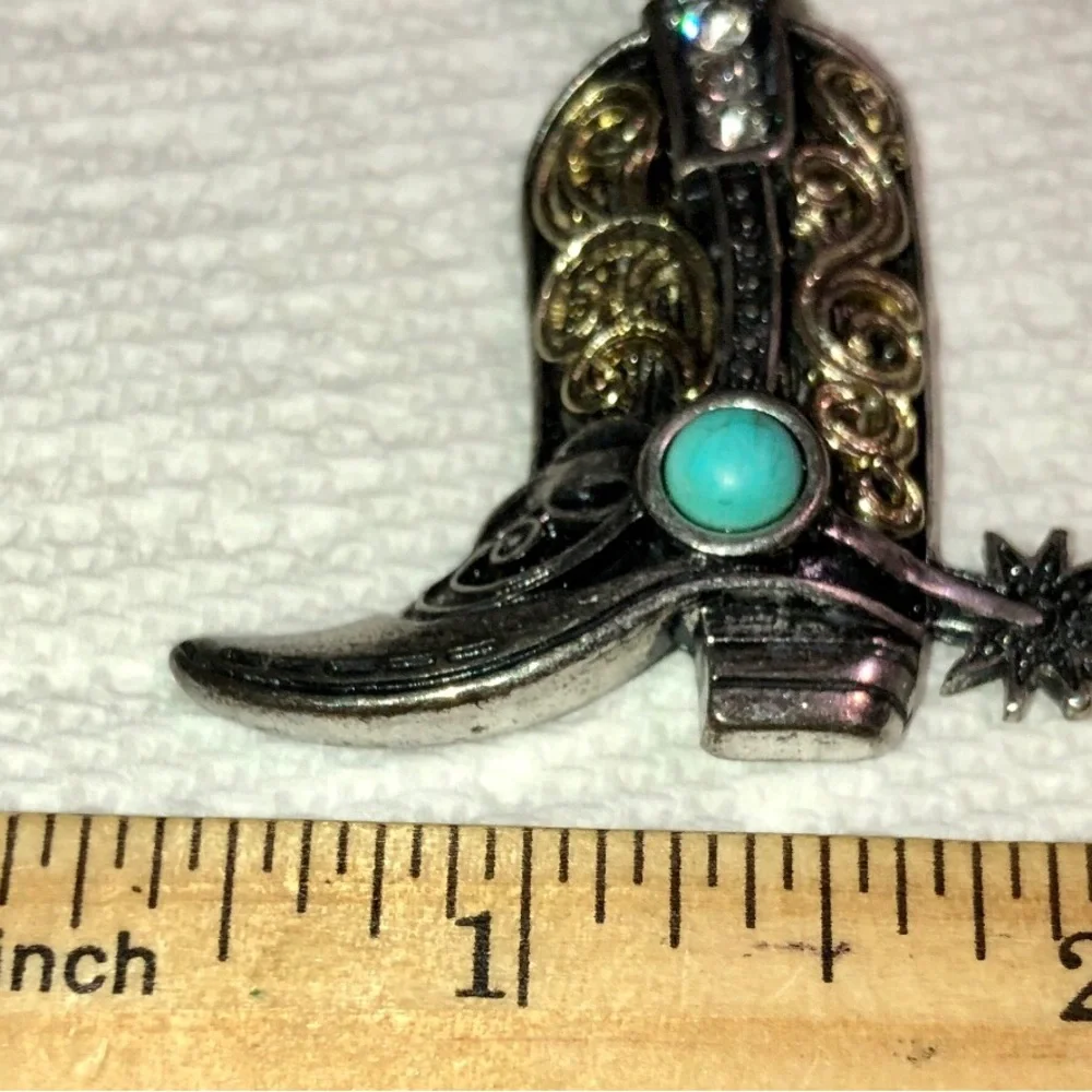Turquoise Accent Western Boot Pendant Necklace - Men's Silver & Gold Tone